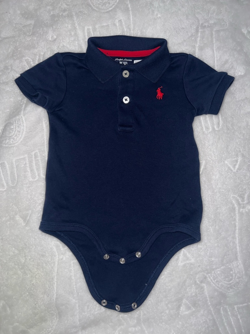Ralph Lauren Navy Baby Polo Onesie with Red Pony